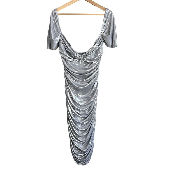 Norma Kamali Dress Womens Large Walter Lamé Gunmetal Silver Sweetheart Neck Midi - Picture 2 of 8